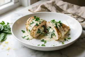 Filé de frango recheado com molho de requeijão. Uma receita elegante, nutritiva e sofisticada para jantares especiais