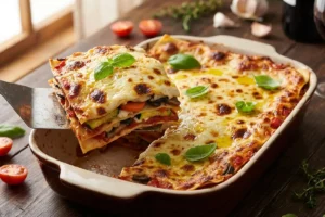 Lasanha de legumes gratinada com queijo dourado sendo servida em refratário de cerâmica com camadas coloridas de abobrinha, cenoura e molho de tomate à mostra