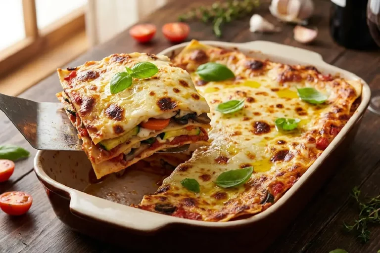 Lasanha de legumes gratinada com queijo dourado sendo servida em refratário de cerâmica com camadas coloridas de abobrinha, cenoura e molho de tomate à mostra