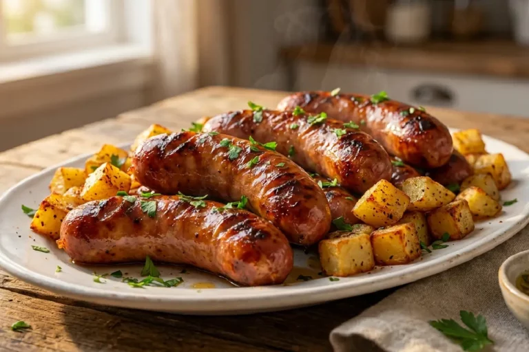 Linguiças com batatas douradas preparada na air fryer