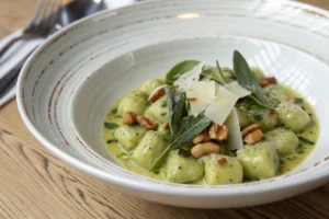 Nhoque de abobrinha com molho de manteiga dourada, sálvia fresca e lascas de parmesão em prato de porcelana branca