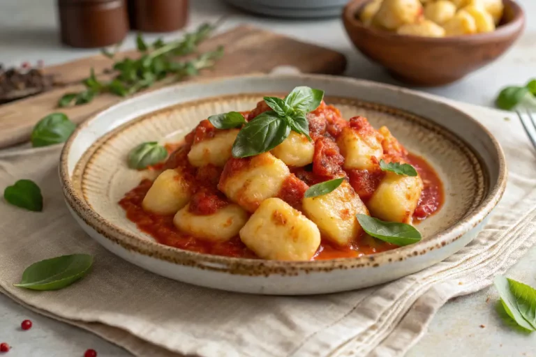 Nhoque de mandioca caseiro, macio e leve, servido com molho de tomate fresco, polvilhado com queijo parmesão ralado.