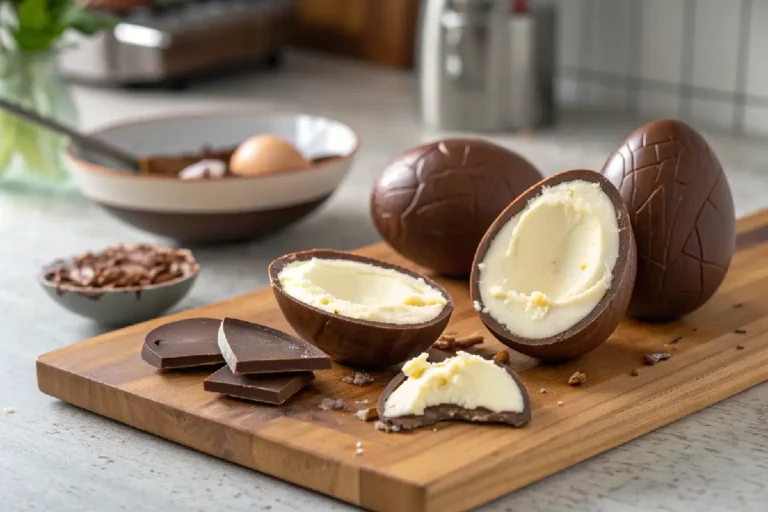 Ovos de Páscoa caseiros com recheio cremoso e chocolate brilhante em mesa rústica