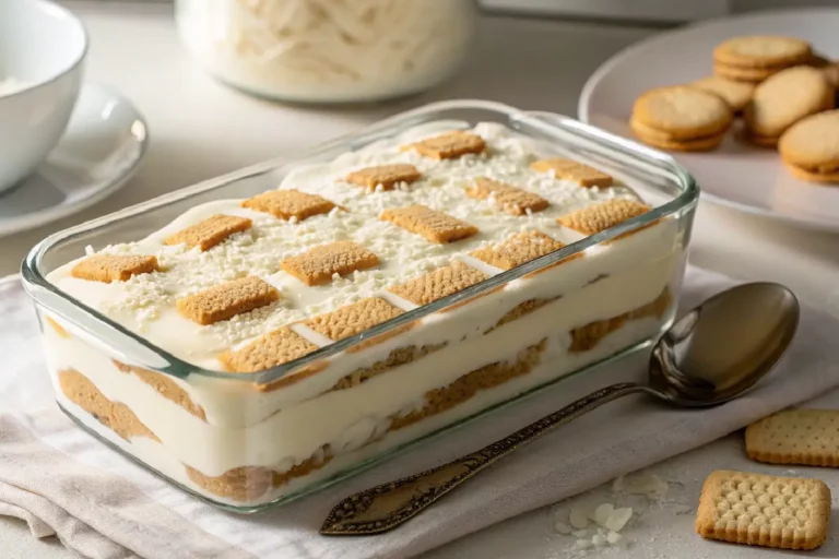 Pavê de chocolate branco cremoso com camadas de biscoito Passatempo, cobertura lisa e pedaços de biscoito decorativos.