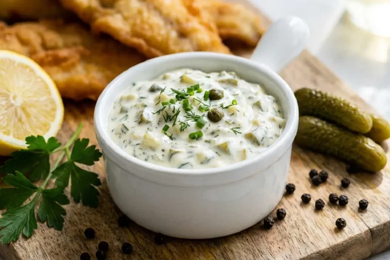Molho tártaro cremoso servido em pote de cerâmica branca com picles ervas frescas e iscas de peixe douradas ao fundo sobre tábua de madeira rústica