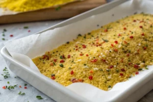 Sal de ouro caseiro dourado com cúrcuma, ervas secas e grãos de pimenta, servido em pote de vidro transparente.