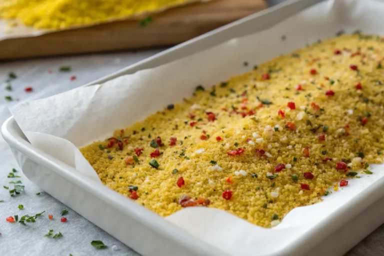Sal de ouro caseiro dourado com cúrcuma, ervas secas e grãos de pimenta, servido em pote de vidro transparente.