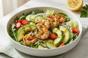 Bowl de cerâmica branca com salada de camarão grelhado dourado abacate cremoso folhas verdes tomate cereja e molho cítrico sobre mármore branco