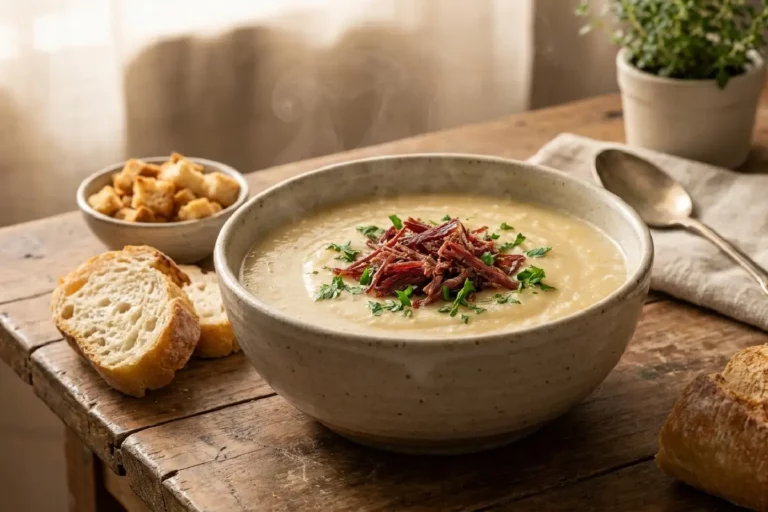 Sopa de mandioca cremosa servida quente