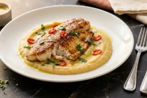 Filé de tilápia grelhada dourada sobre purê cremoso de banana da terra com pimenta fatiada e coentro fresco em prato de porcelana branca