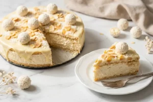 Fatia de torta Raffaello gelada com recheio cremoso de leite de coco, cobertura de chocolate branco e amêndoas tostadas, servida em prato de porcelana sobre mármore branco