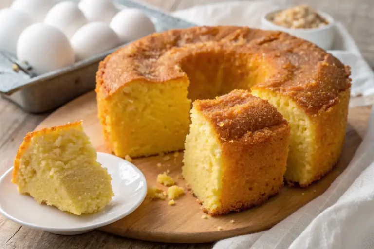 Bolo de flocão fofinho dourado com 3 ingredientes, superfície brilhante de açúcar, textura rústica de aveia em fatia perfeita.