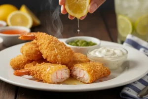 Camarão borboleta empanado dourado e crocante, formato aberto com cauda, servido com molho tartaro, receita de petisco.