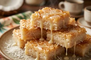 Quadrados brilhantes de cocada de leite condensado cremosa com coco, textura pegajosa e caramelizada.