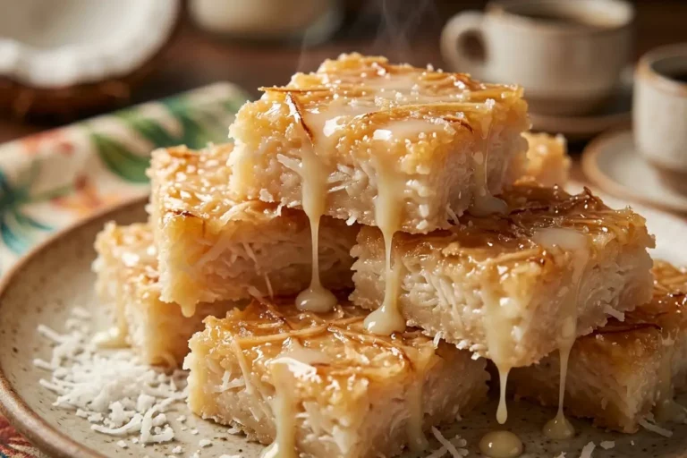 Quadrados brilhantes de cocada de leite condensado cremosa com coco, textura pegajosa e caramelizada.