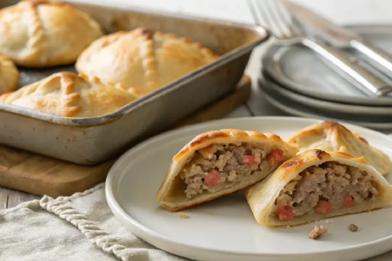 Esfiha de carne fechada dourada com recheio de carne moída, tomate e cebola visível, massa leve e crocante.​​