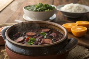 Panela de barro com feijoada completa brasileira, feijão-preto cremoso com linguiças e carne seca, servida com arroz e couve
