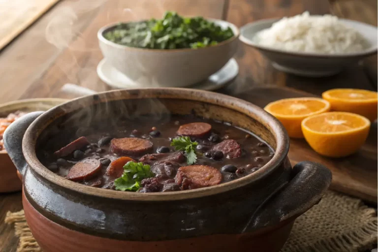 Panela de barro com feijoada completa brasileira, feijão-preto cremoso com linguiças e carne seca, servida com arroz e couve