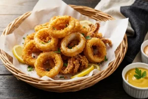 Cesto com lulas fritas crocantes douradas com tentáculos, rodelas de limão e ramekin de aioli sobre mesa de madeira escura
