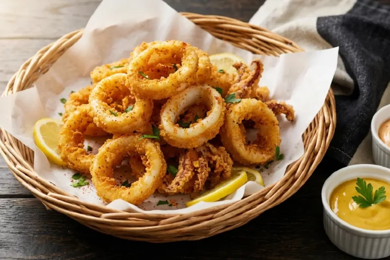 Cesto com lulas fritas crocantes douradas com tentáculos, rodelas de limão e ramekin de aioli sobre mesa de madeira escura