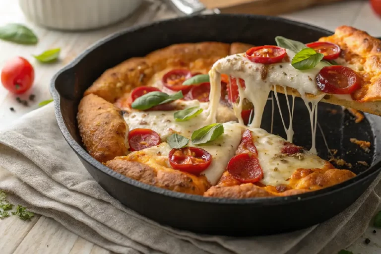 Pizza de frigideira crocante com massa fina, queijo derretido, pepperoni, tomate e orégano, borda dourada em frigideira antiaderente.