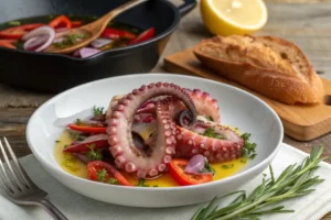 Polvo Refogado Suculento com Vegetais e Vinho Branco.