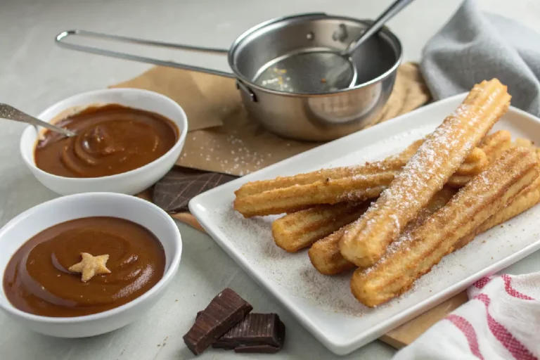 Receita de Churros caseiros dourados e crocantes, polvilhados com açúcar e canela, servidos com doce de leite para acompanhamento.