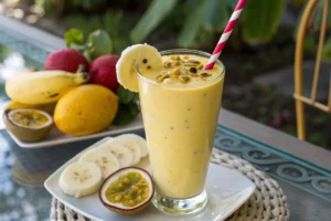 Smoothie cremoso de maracujá e banana servido em copo transparente com canudo﻿.