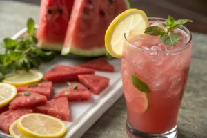 Suco de melancia com limão servido em copo transparente, bebida fresca e natural