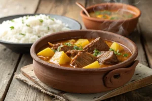 Prato de vaca atolada com costela macia e mandioca cremosa servida em panela de barro sobre mesa rústica