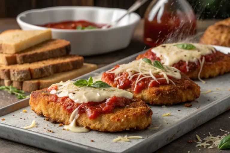 Bife de contrafilé à parmegiana suculento empanado com molho de tomate, muçarela derretida e parmesão gratinado, prato brasileiro clássico.