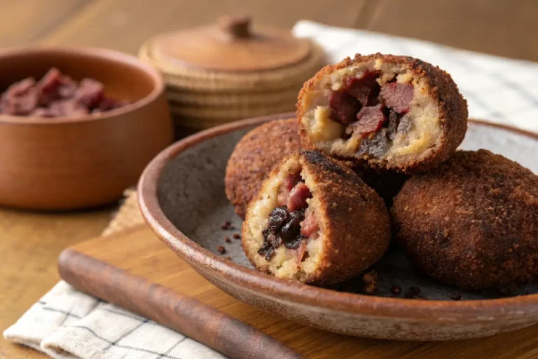 Bolinhos de feijoada dourados e crocantes empilhados com um cortado revelando recheio cremoso de feijão e carnes