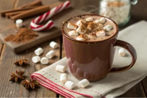 Chocolate quente cremoso servido em caneca, bebida quente e reconfortante
