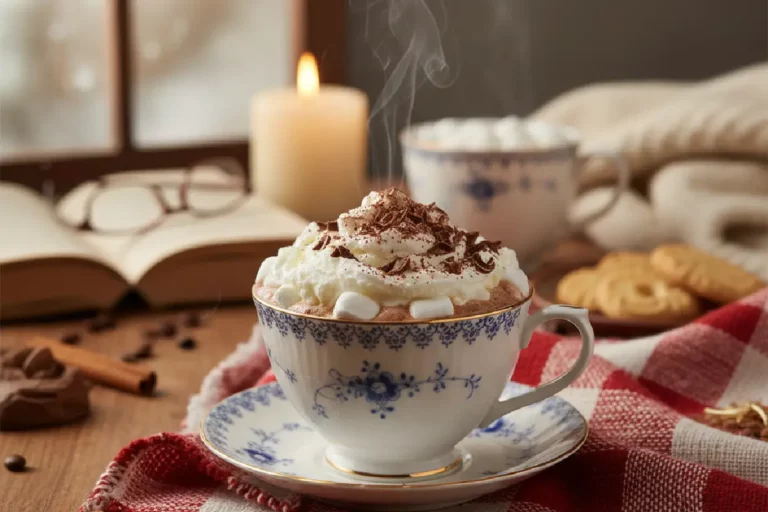 Caneca de chocolate quente cremoso coroada com chantilly branco e raspas de chocolate, vapor ascendendo sobre mesa de madeira aconchegante