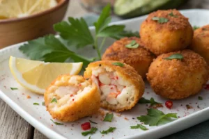 Croquete de siri dourado e crocante com recheio cremoso de siri, cebola e temperos, empanado e frito até perfeito.