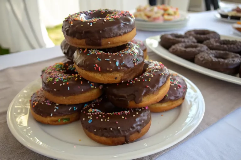 Donuts de chocolate com cobertura cremosa de cacau, polvilhados com granulados coloridos e textura macia.