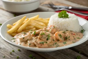 Estrogonofe de camarão cremoso servido em prato branco, decorado com salsinha fresca.