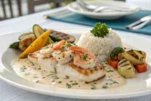 Filé de merluza grelhado servido com molho cremoso de camarão, prato refinado e saboroso para refeições especiais.