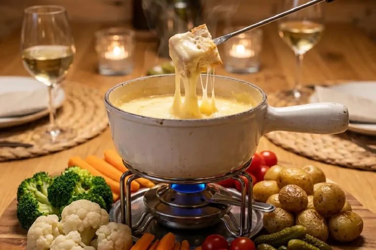 Fondue de queijo cremoso servido com pão italiano