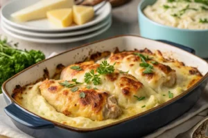 Frango com creme de batatas gratinado servido em refratário com crosta dourada e salsinha fresca