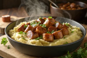 Linguiça toscana frita acompanhada de creme de batatas cremoso, servida em prato branco com ervas frescas.