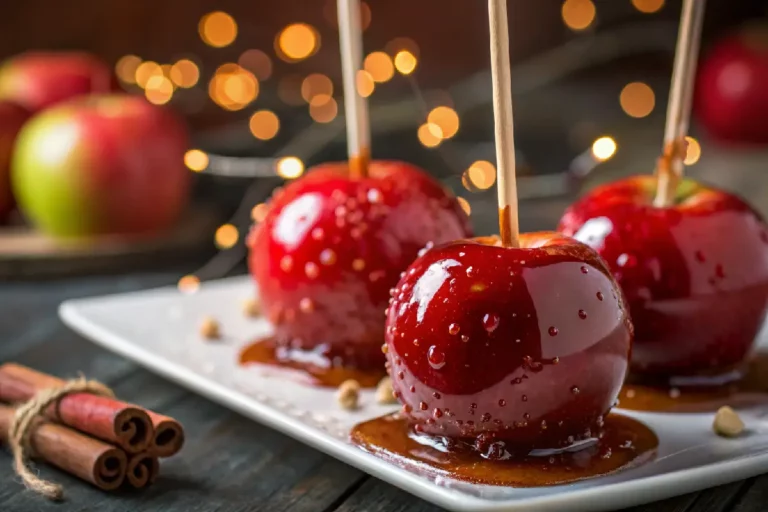 Maçãs do amor com calda vermelha brilhante e crocante, espetadas prontas para festa.