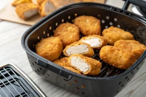 Nuggets de frango caseiros dourados e crocantes preparados na airfryer sobre cesta preta