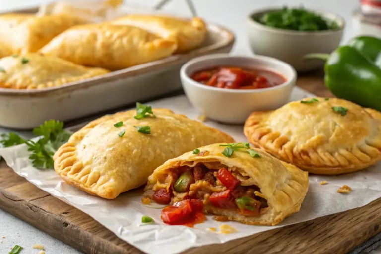 Pastel assado de frango dourado e crocante, recheio cremoso com frango desfiado e milho visível, servidos em assadeira.