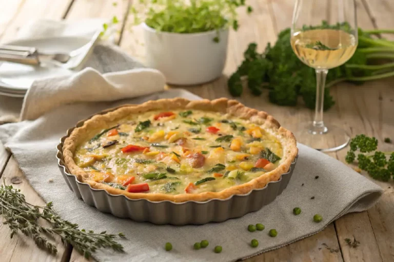 Fatia de quiche de legumes e frango com massa crocante e recheio cremoso