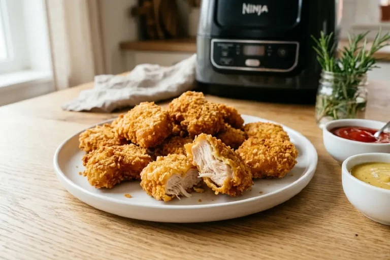 Nuggets caseiros dourados e crocantes feitos na airfryer servidos em prato branco com molhos