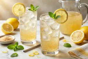 Dois copos altos de cristal com refrigerante de limão caseiro com borbulhas naturais, gelo e rodela de limão sobre mármore branco