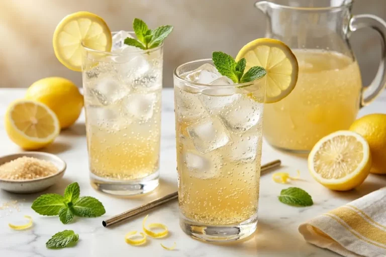 Dois copos altos de cristal com refrigerante de limão caseiro com borbulhas naturais, gelo e rodela de limão sobre mármore branco