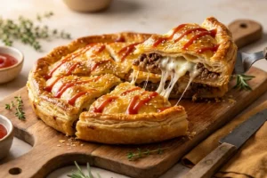 Torta de hambúrguer caseira fatiada sobre tábua de madeira, com recheio de carne moída e queijo derretido visível