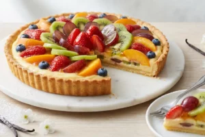 Torta pastel de frutas caseira inteira sobre prato de cerâmica branca, com massa amanteigada dourada, creme de confeiteiro aveludado e cobertura colorida de morangos, kiwi, uvas, pêssego e mirtilos brilhantes.